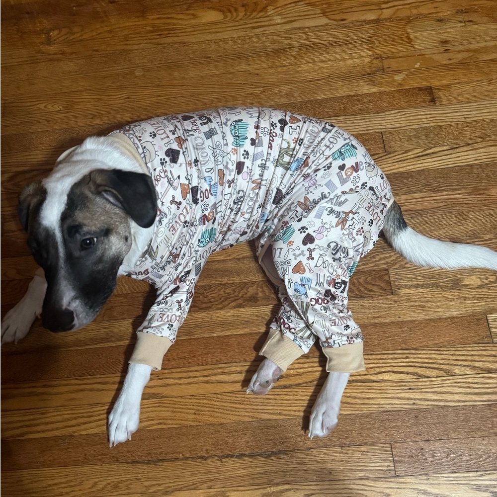 Cozy neutral multi colored Dog Pajamas. Size Medium/Large